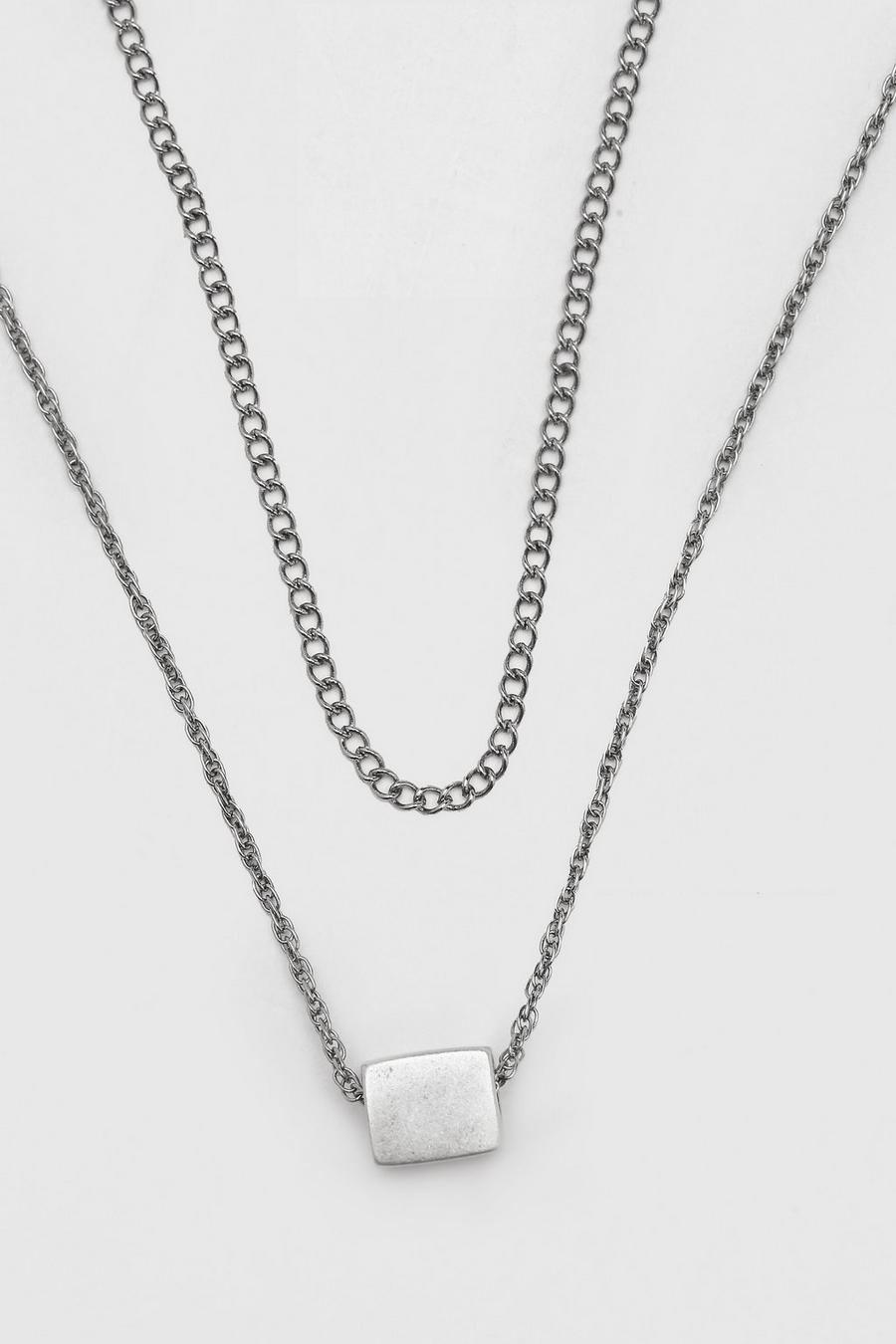 Silver Double Layer Chain With Cube Pendant image number 1