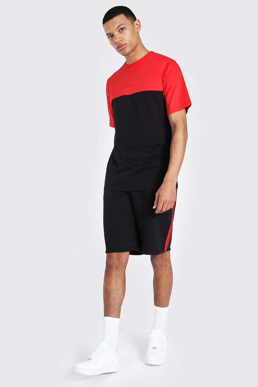 Tall Man Set mit Colorblock-T-Shirt und Shorts, Schwarz noir image number 1