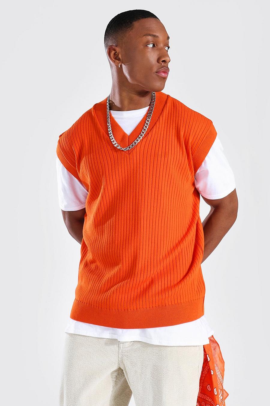 Camiseta sin mangas ancha de punto con cuello de pico, Naranja image number 1