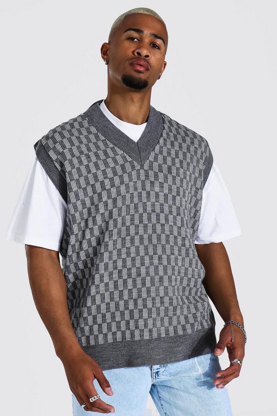 Charcoal Knitted V Neck Oversized Checkerboard Vest image number 1