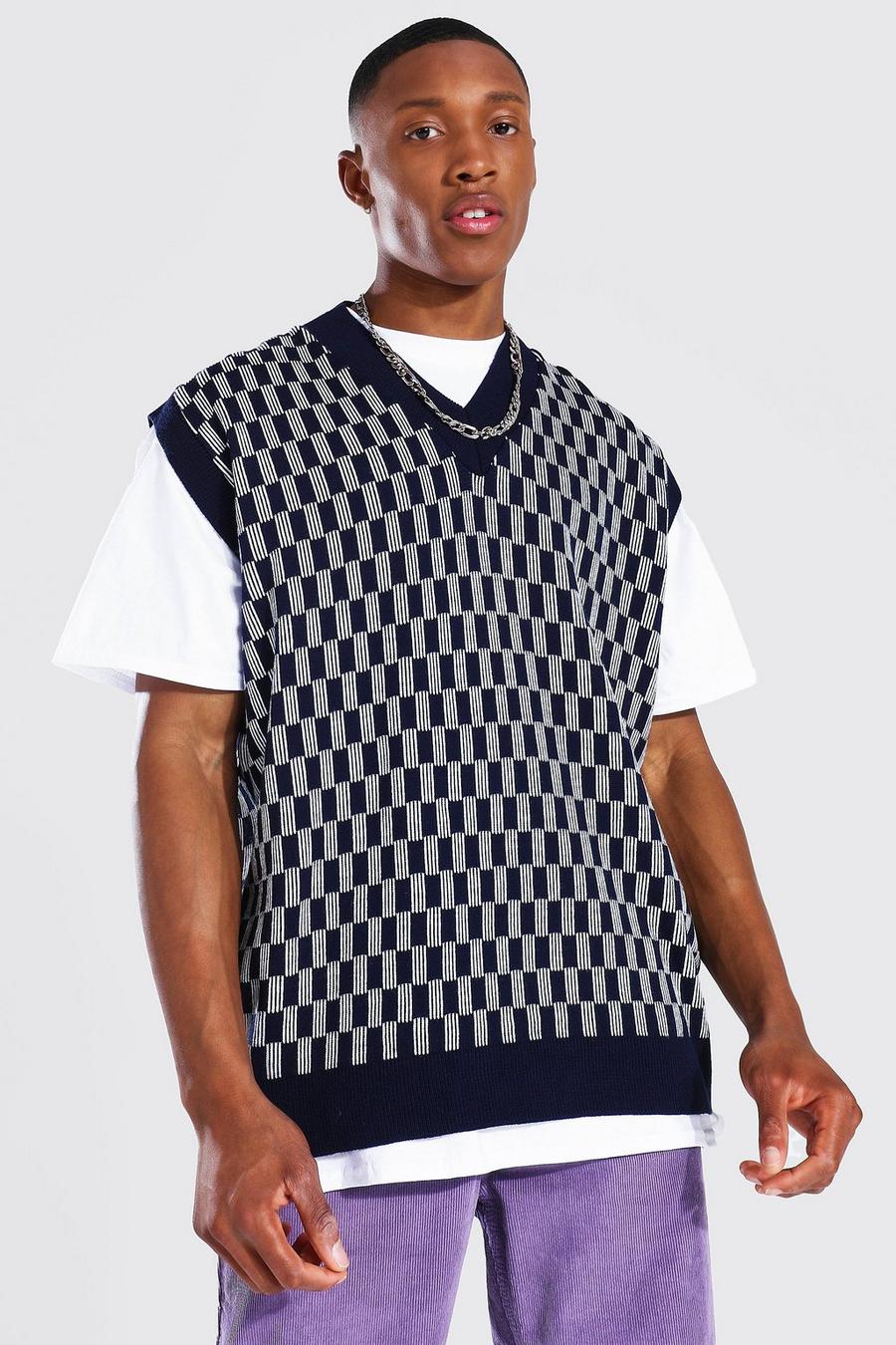 Navy Knitted V Neck Oversized Checkerboard Tank Top image number 1