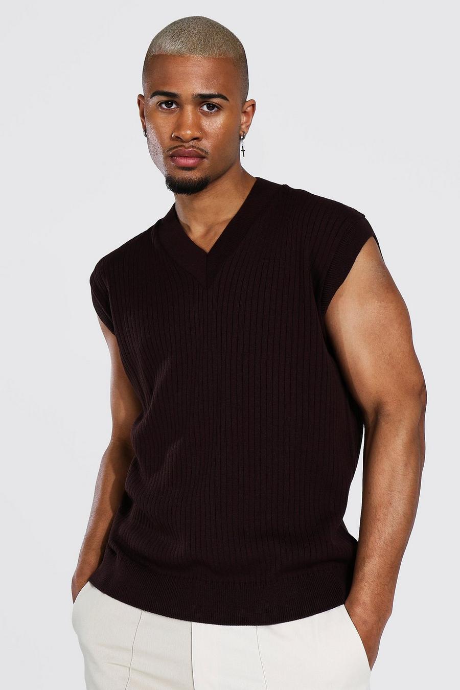 Chocolate Knitted V Neck Oversized Tank Top image number 1