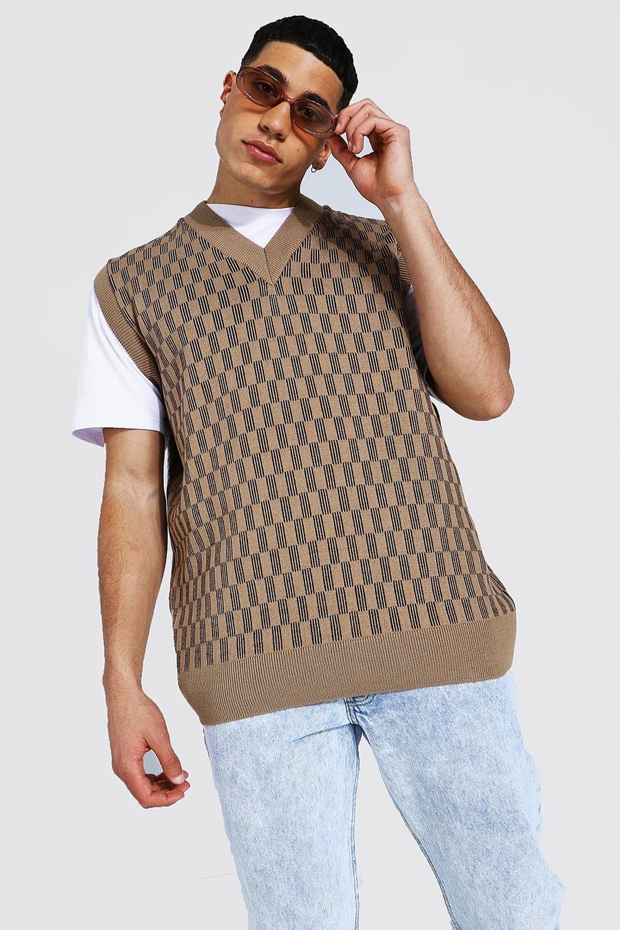 Camiseta sin mangas ancha de punto con cuello de pico a cuados de ajedrez, Gris piedra image number 1