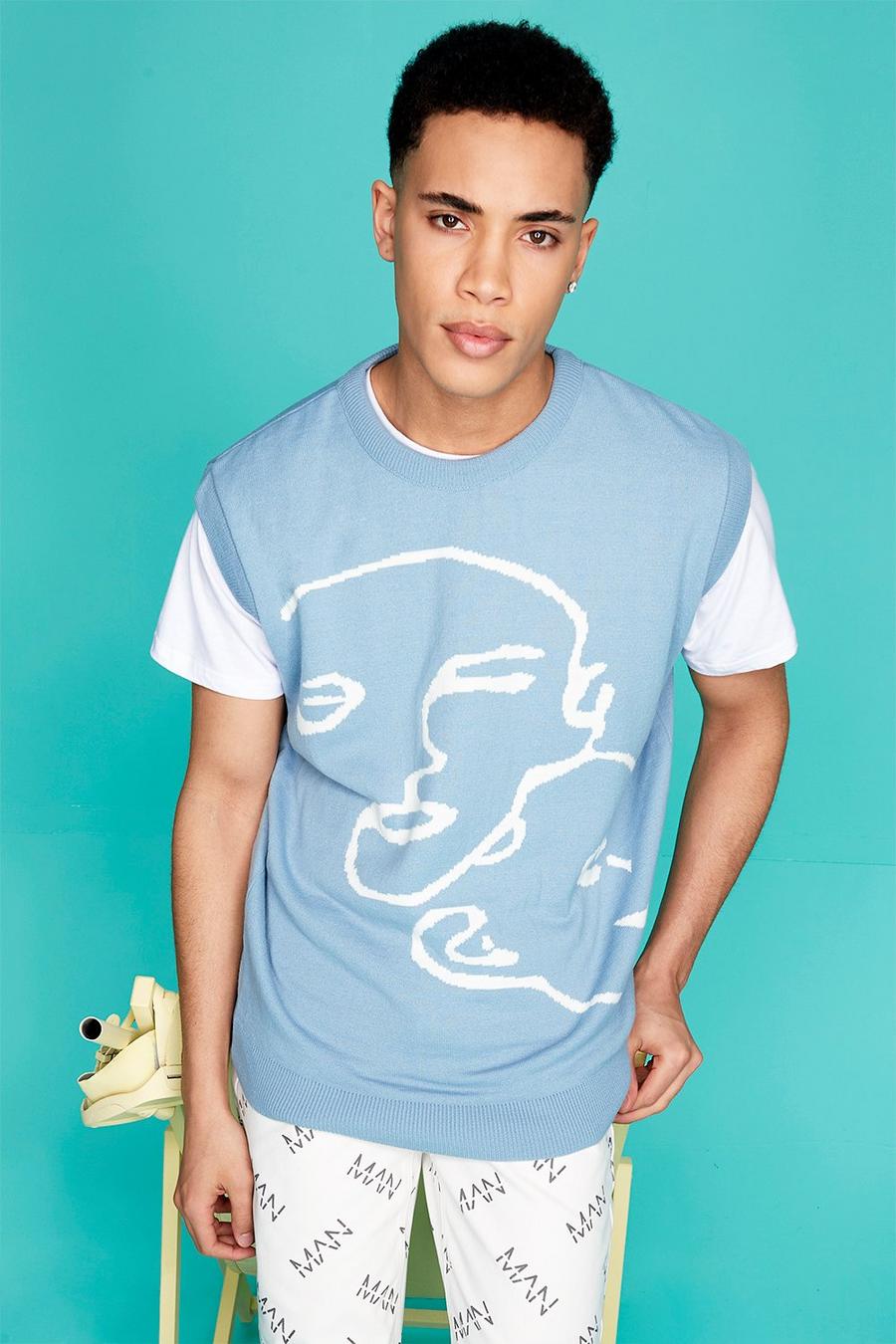 Camiseta sin mangas de punto ancho con dibujo de línea abstracta, Azul pálido image number 1