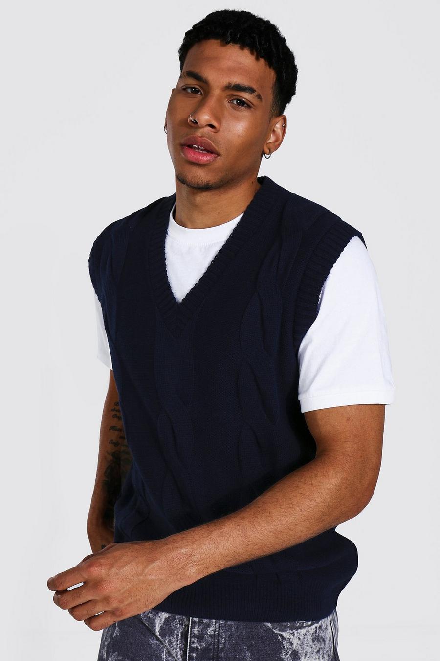 Navy Oversized Cable Knit Vest image number 1