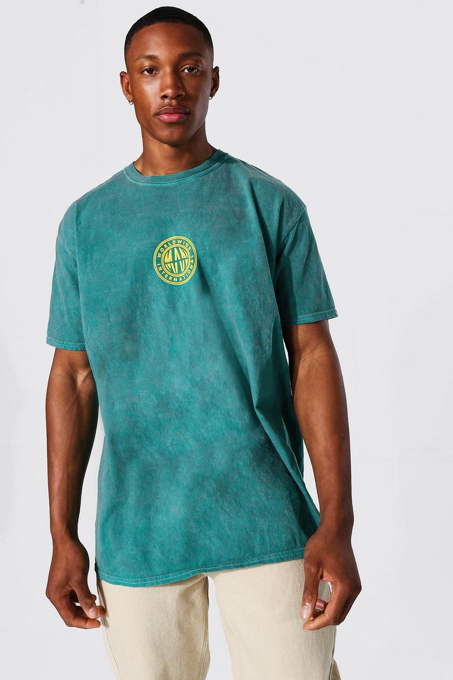 Überfärbtes T-Shirt in Übergröße mit Man Worldwide-Print, Jadegrün vert image number 1
