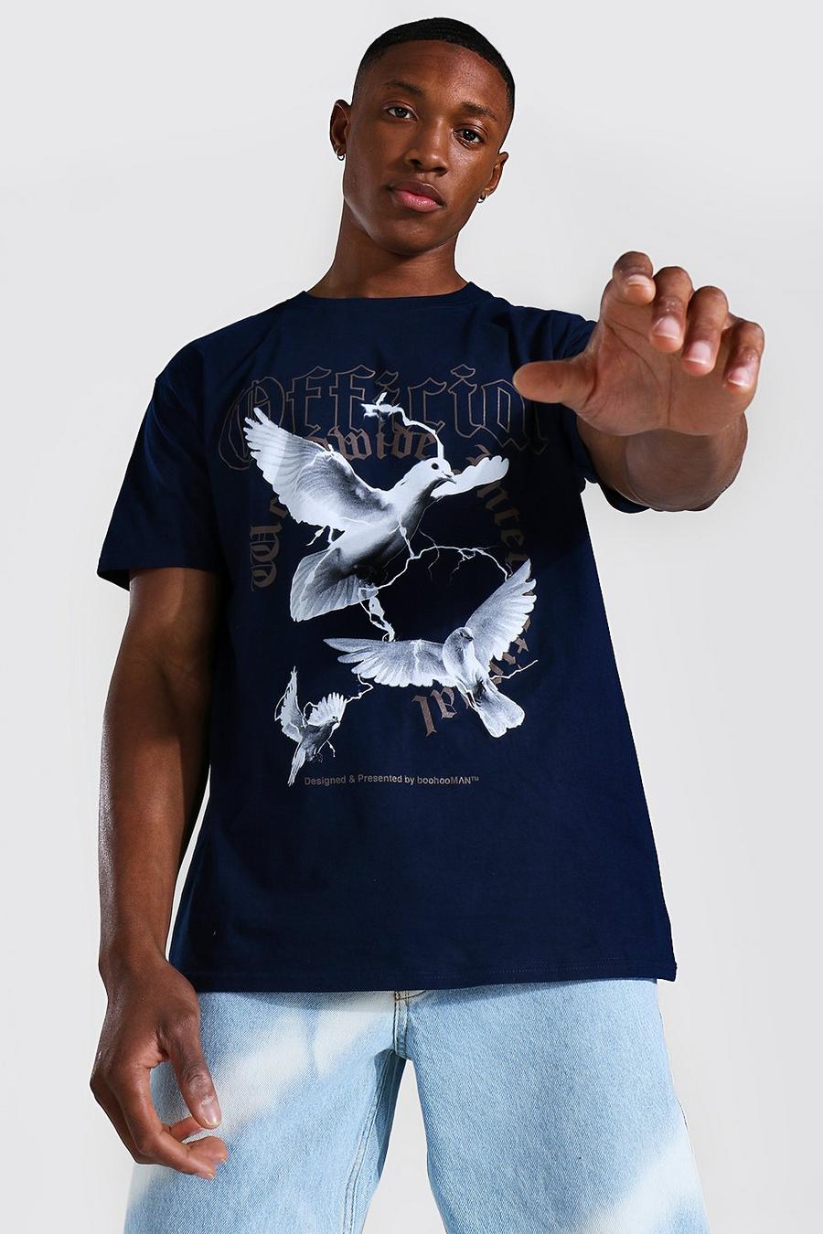 Navy Official Oversize t-shirt med duvor image number 1