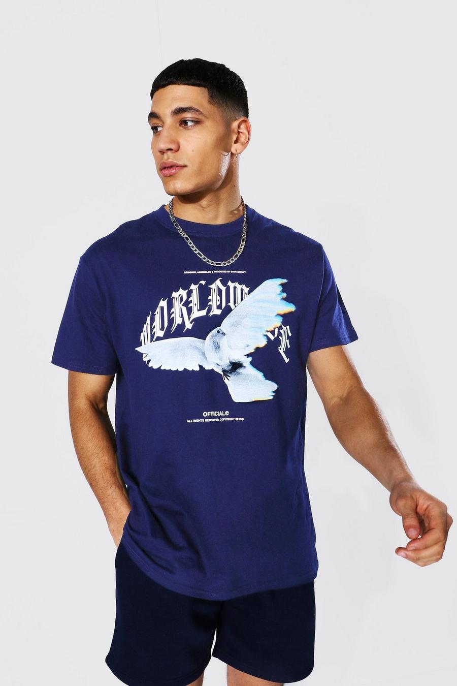 T-shirt taglio rilassato con stampa di tortora e scritta Worldwide, Blu oltremare image number 1