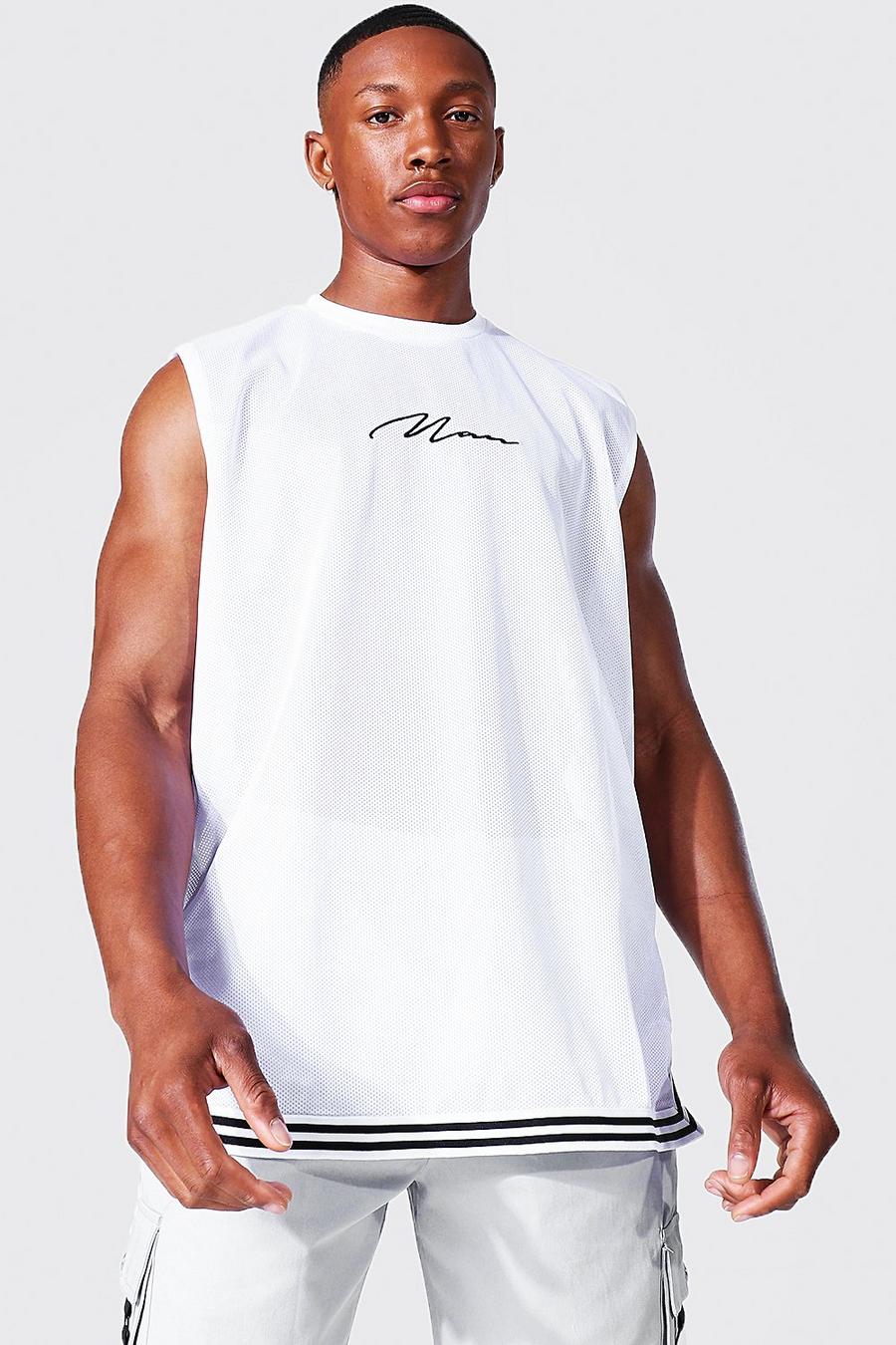 Camiseta de tirantes ancha de malla con cinta de la firma Man, Blanco image number 1