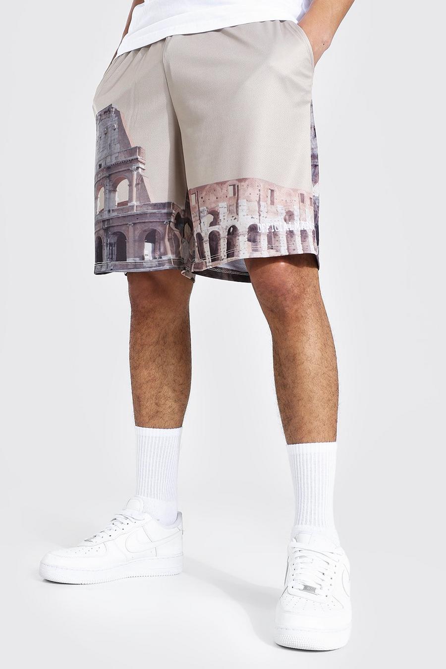 Loose Fit Basketball-Shorts aus Netzstoff mit Landschafts-Print, Steingrau beige image number 1