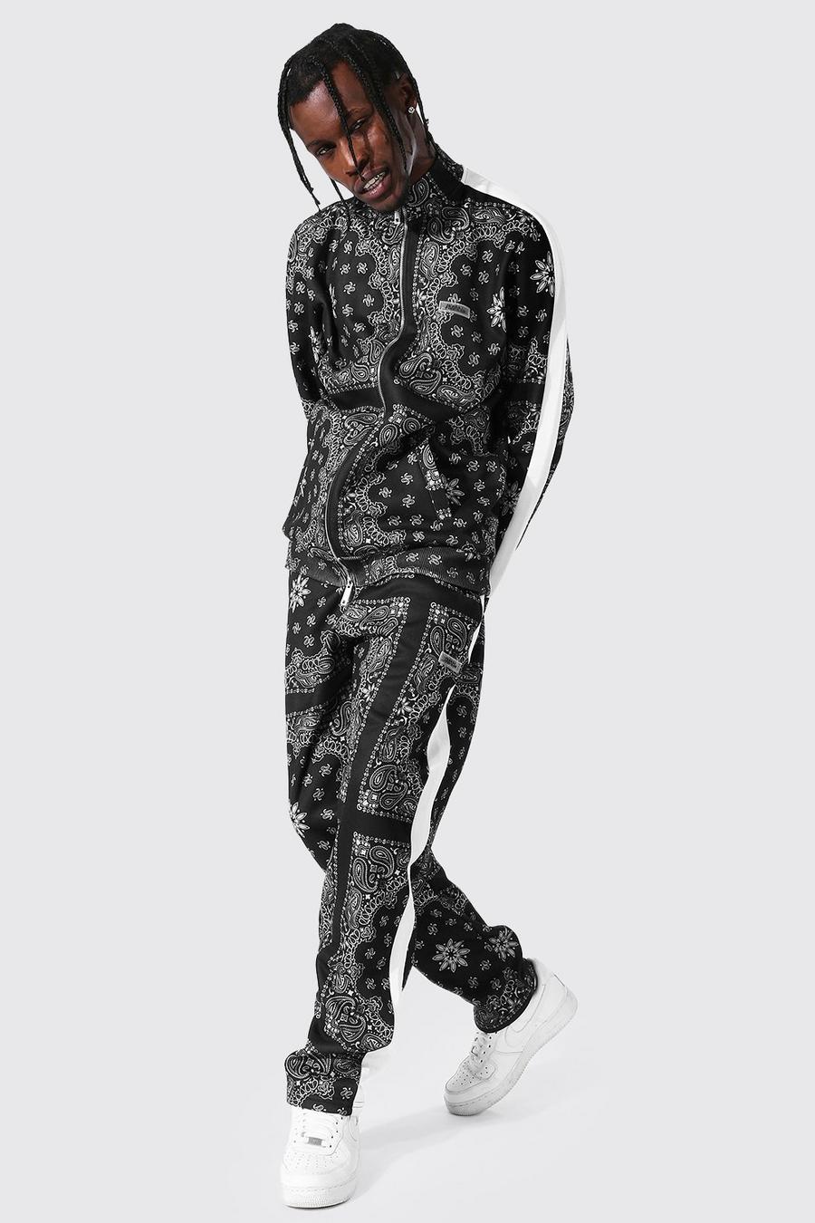 Paisley Print Joggingsanzug mit Tricherkragen, Black image number 1