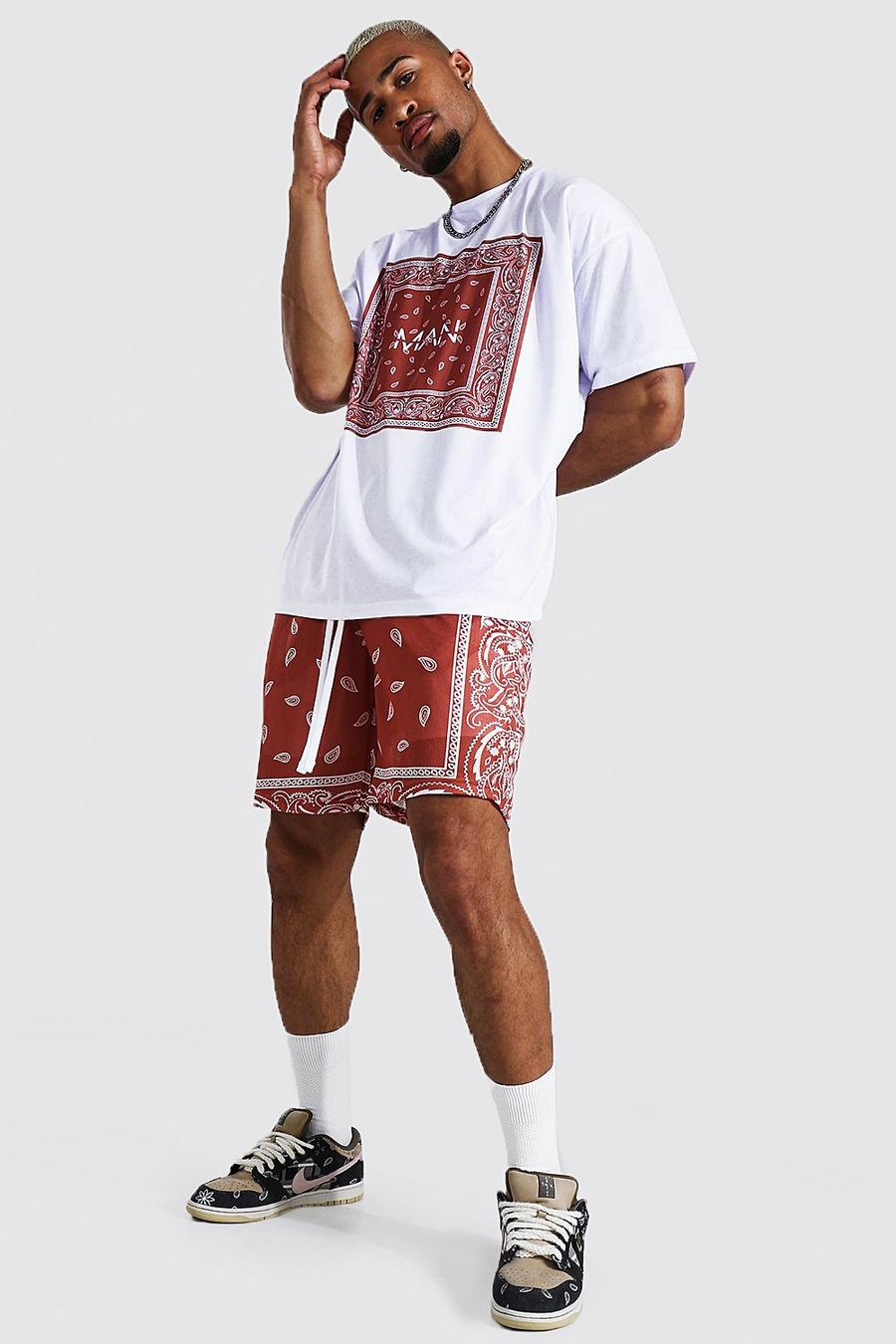 Conjunto de camiseta ancha con estampado de bandana y pantalones cortos de malla, Marrón image number 1