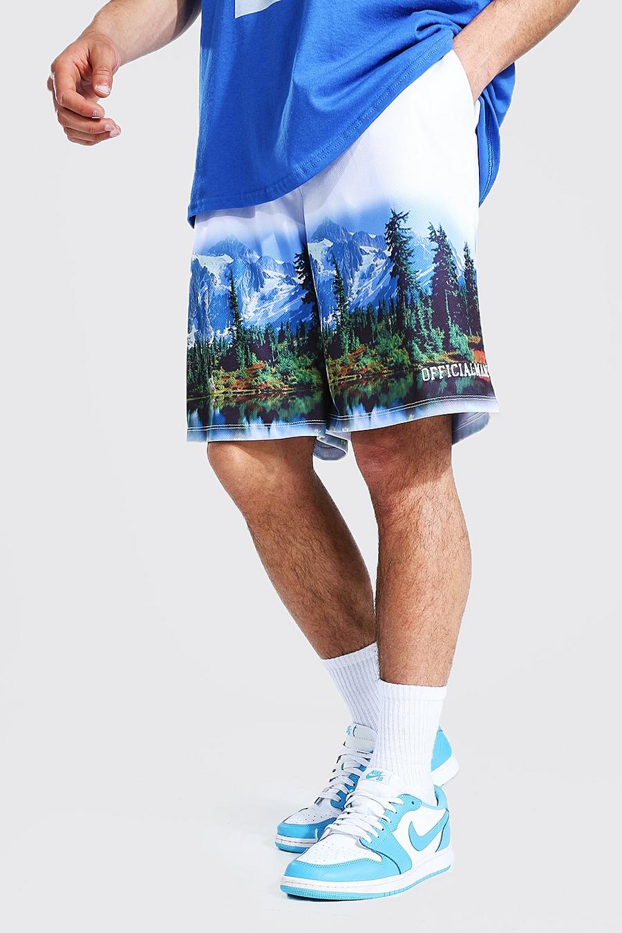 White Loose Fit Mesh Scenic Print Basketball Shorts image number 1