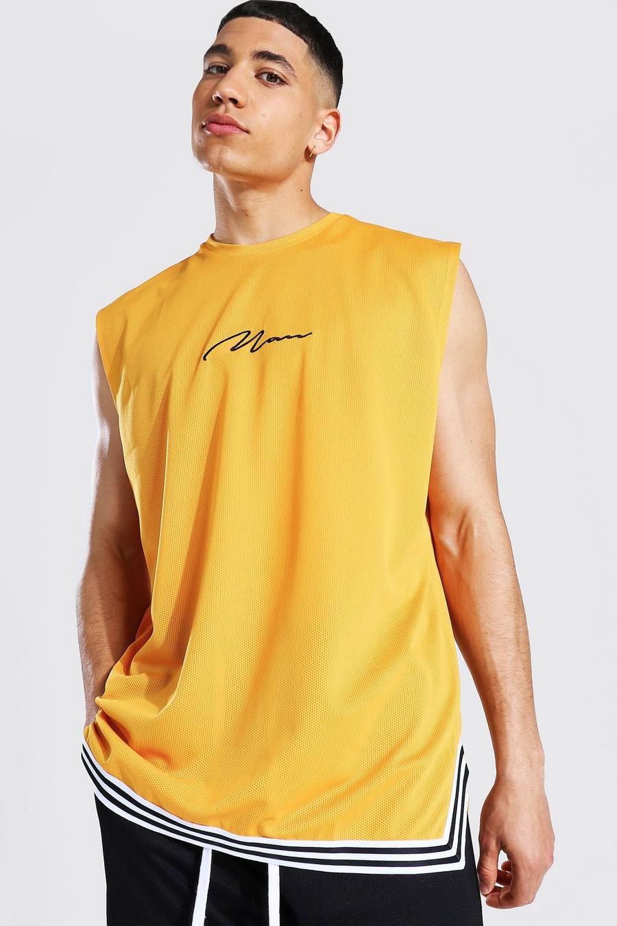 Camiseta de tirantes ancha de malla con cinta de la firma Man, Amarillo image number 1