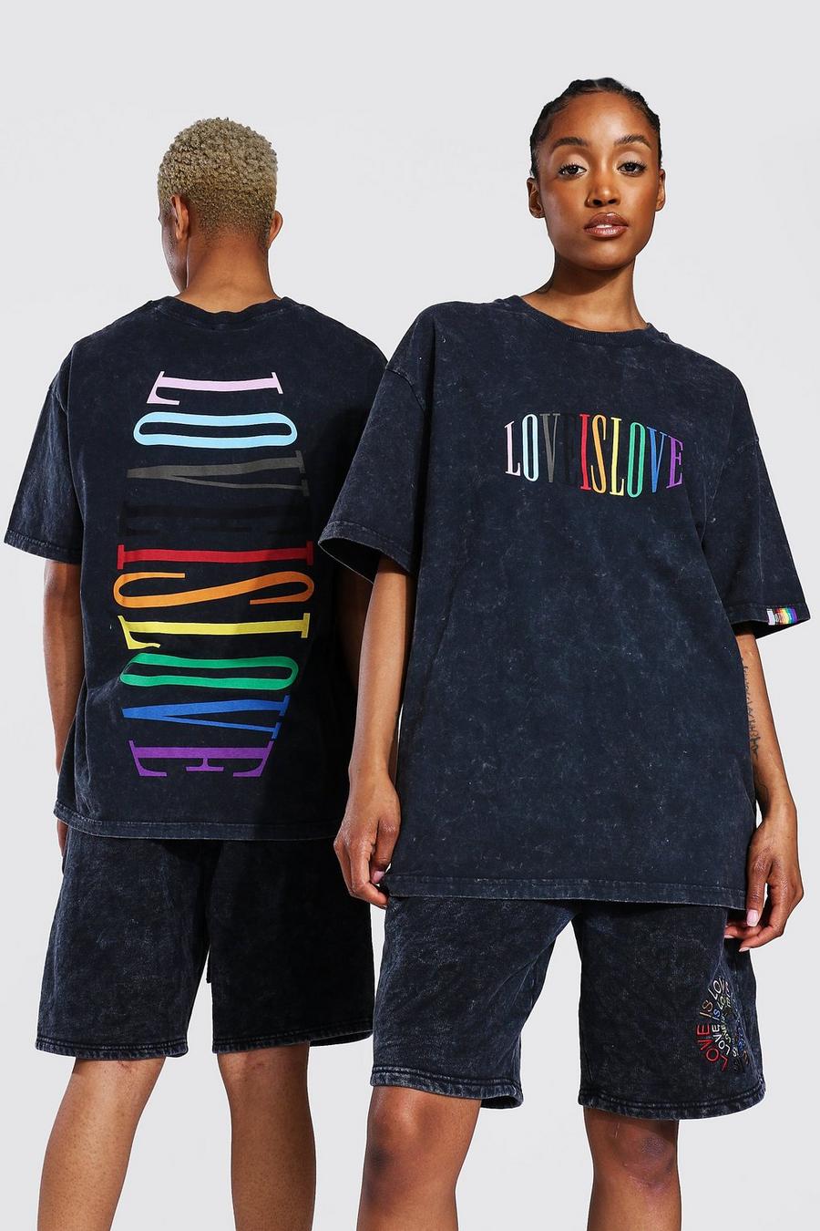 Charcoal Pride Love Is T-shirt med stentvättad effekt image number 1