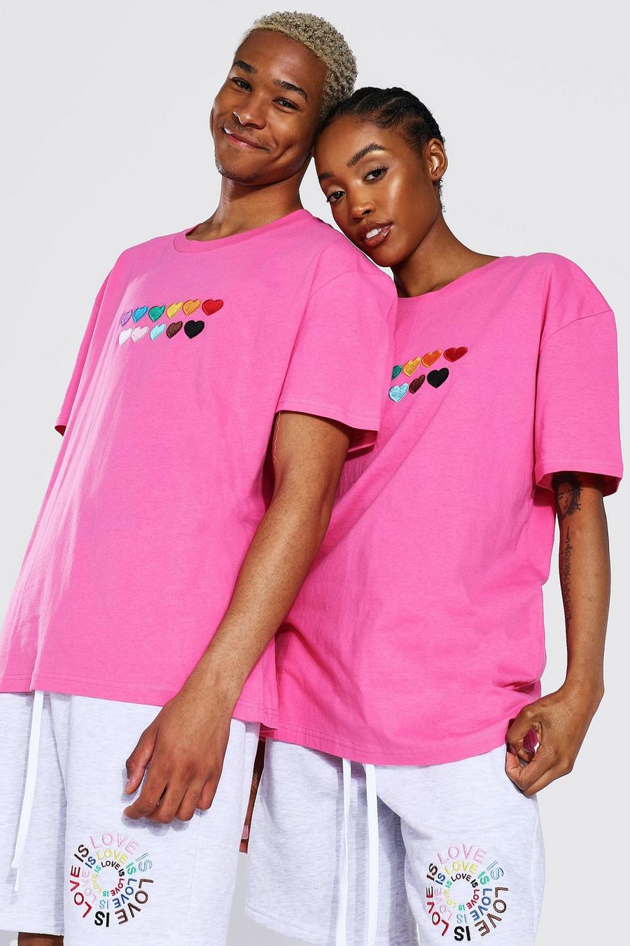 Pink Geborduurd Pride Regenboog Hartje T-Shirt image number 1
