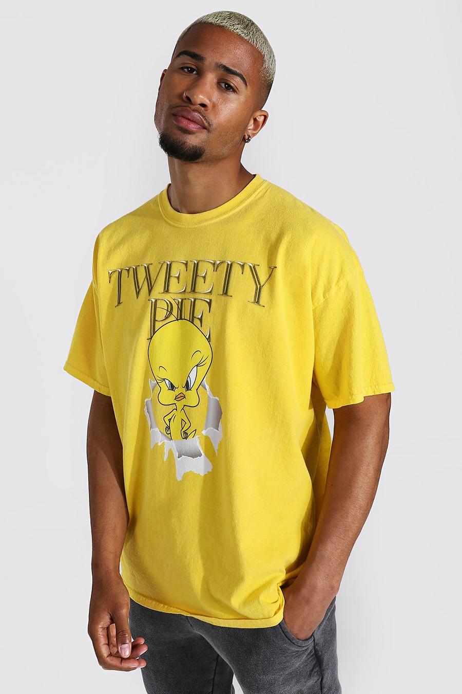 צהוב giallo טישרט אוברסייז בצביעה כפולה ממותג עם הדפס Tweety Pie