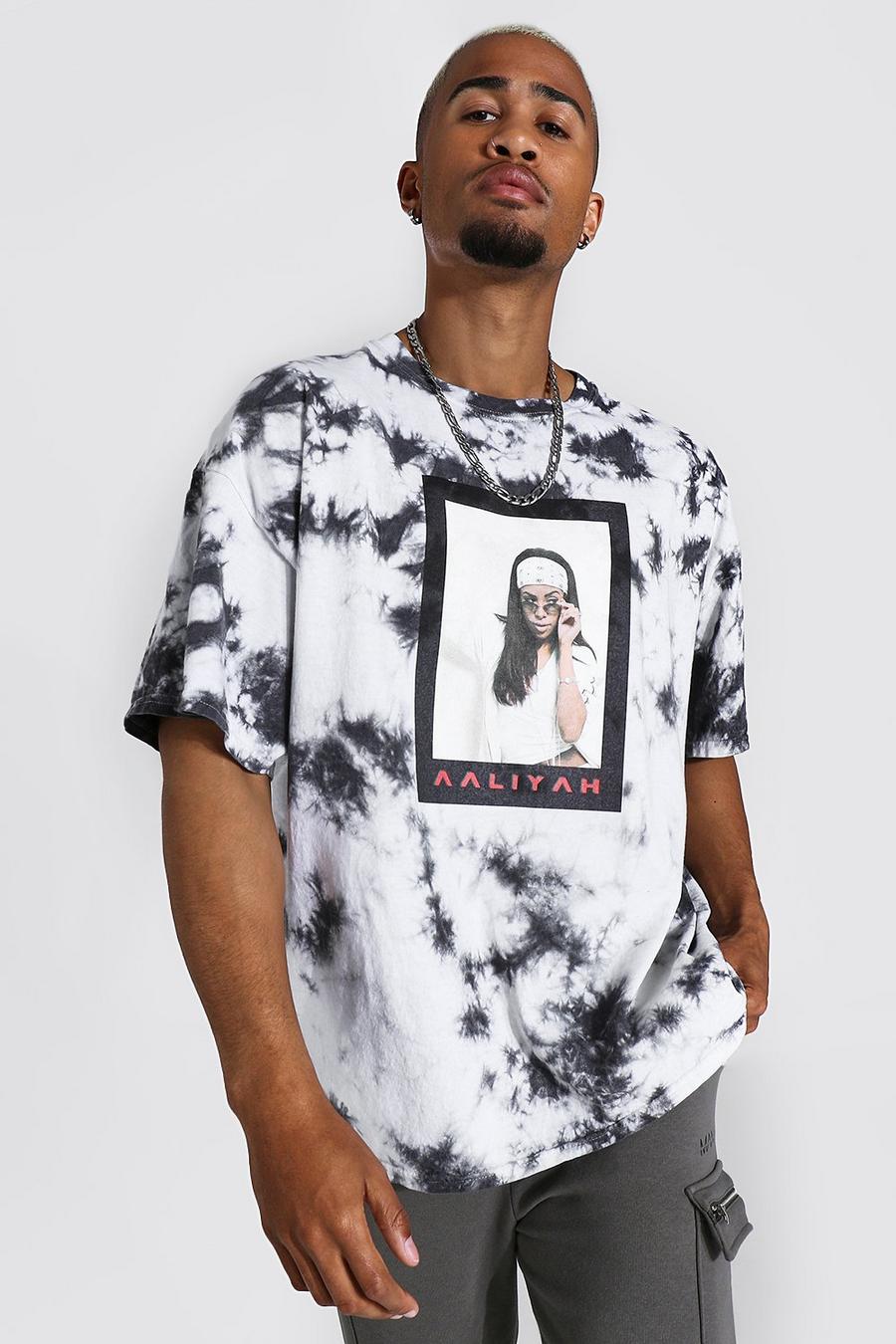 אפור טישרט אוברסייז טאי-דאי ממותג עם הדפס Aaliyah image number 1