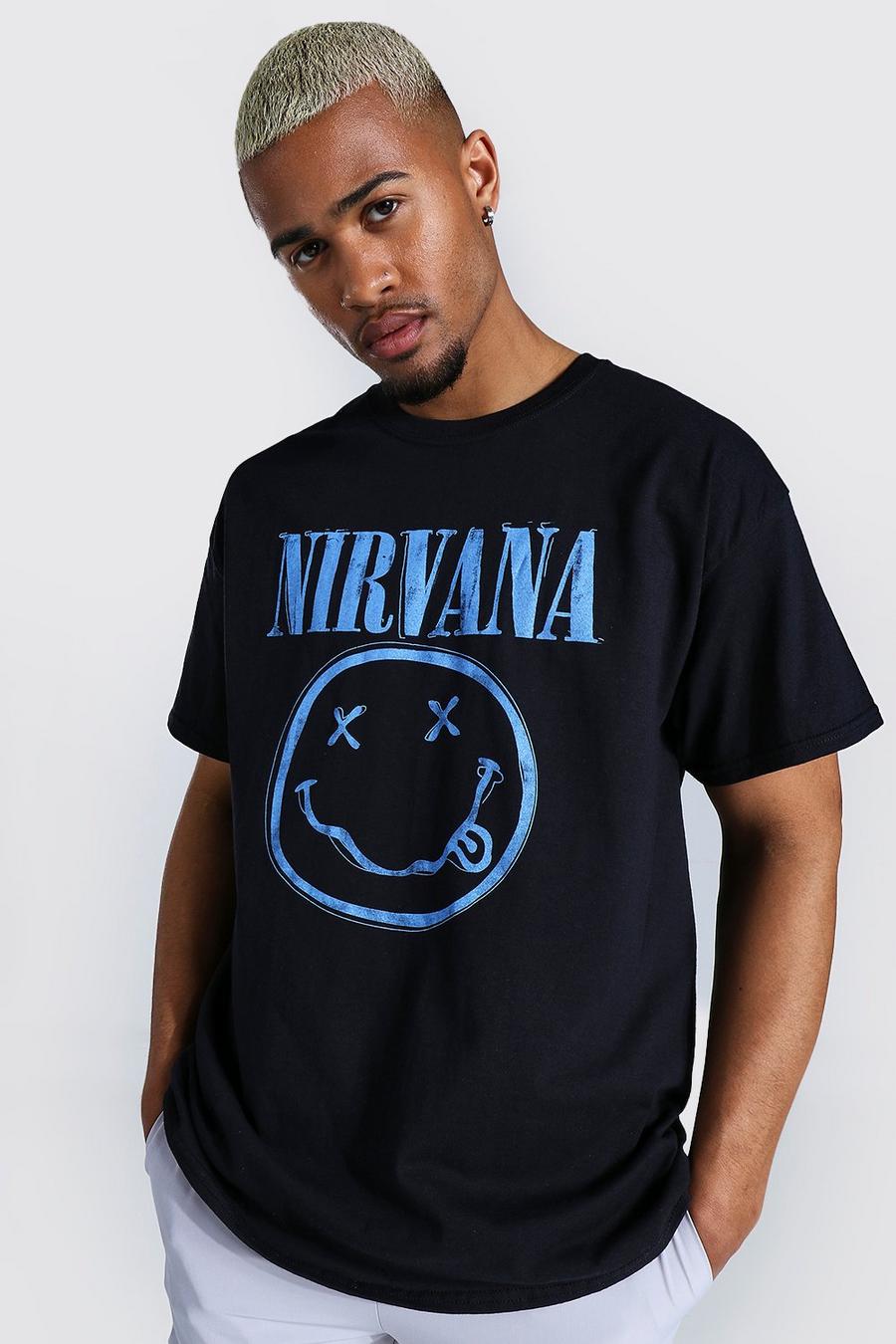 T-shirt oversize con stampa ufficiale con viso e scritta Nirvana, Nero image number 1