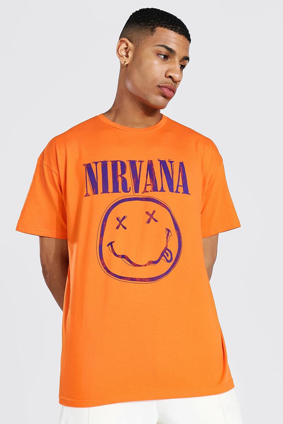 כתום טישרט אוברסייז ממותג עם הדפס סמיילי של Nirvana image number 1
