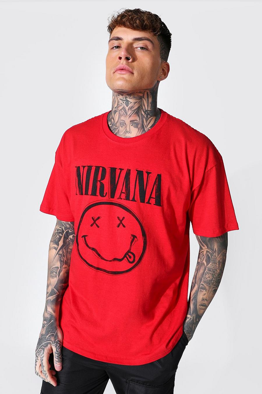 אדום טישרט אוברסייז ממותג עם הדפס סמיילי של Nirvana image number 1