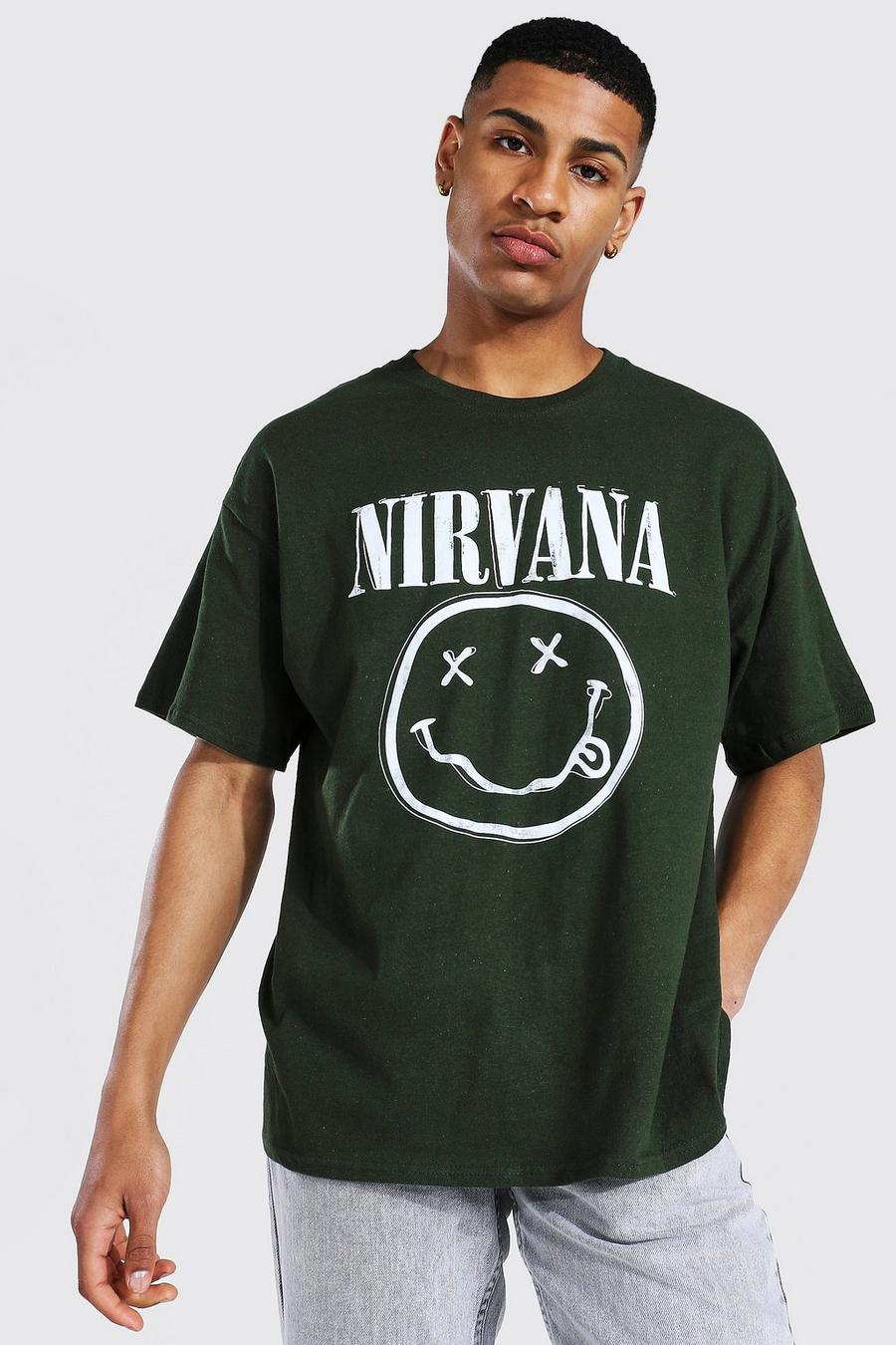 Camiseta con licencia ancha Nirvana con cara, Verde botella image number 1
