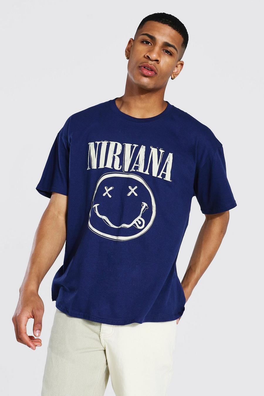 נייבי טישרט אוברסייז ממותג עם הדפס סמיילי של Nirvana image number 1