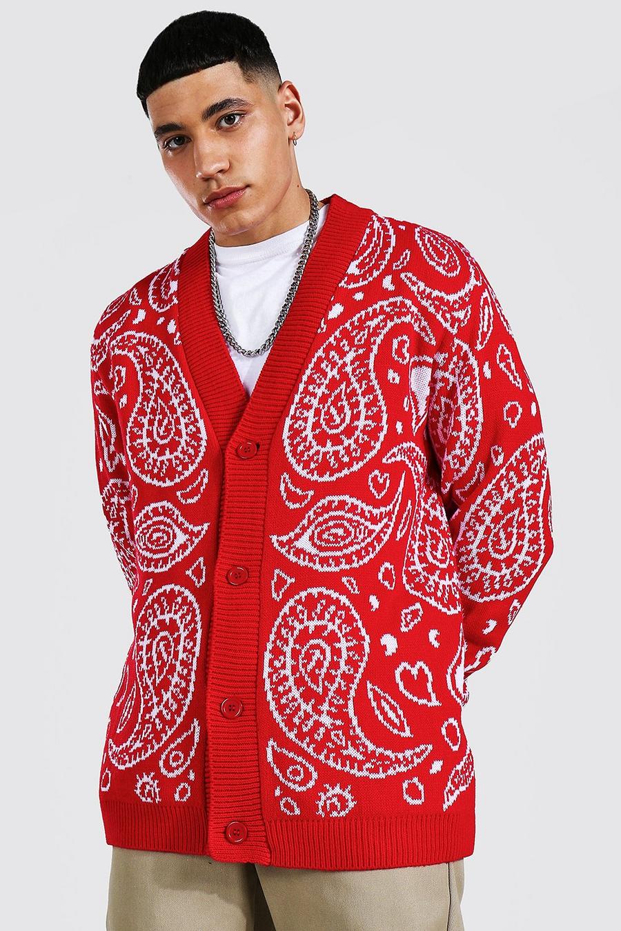 Cardigan in maglia con motivo bandana, Rosso image number 1