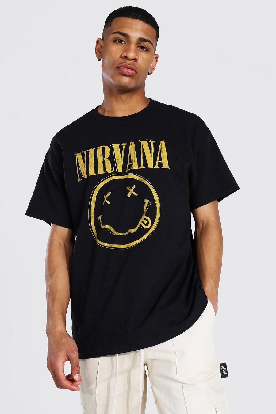 שחור טישרט אוברסייז ממותג עם הדפס סמיילי של Nirvana image number 1