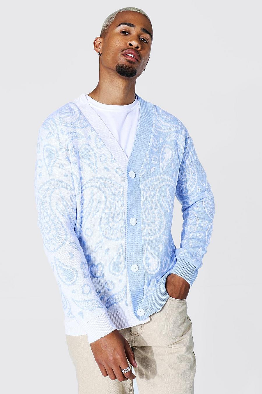 Cardigan in maglia con motivo bandana a sezioni, Azzurro chiaro image number 1