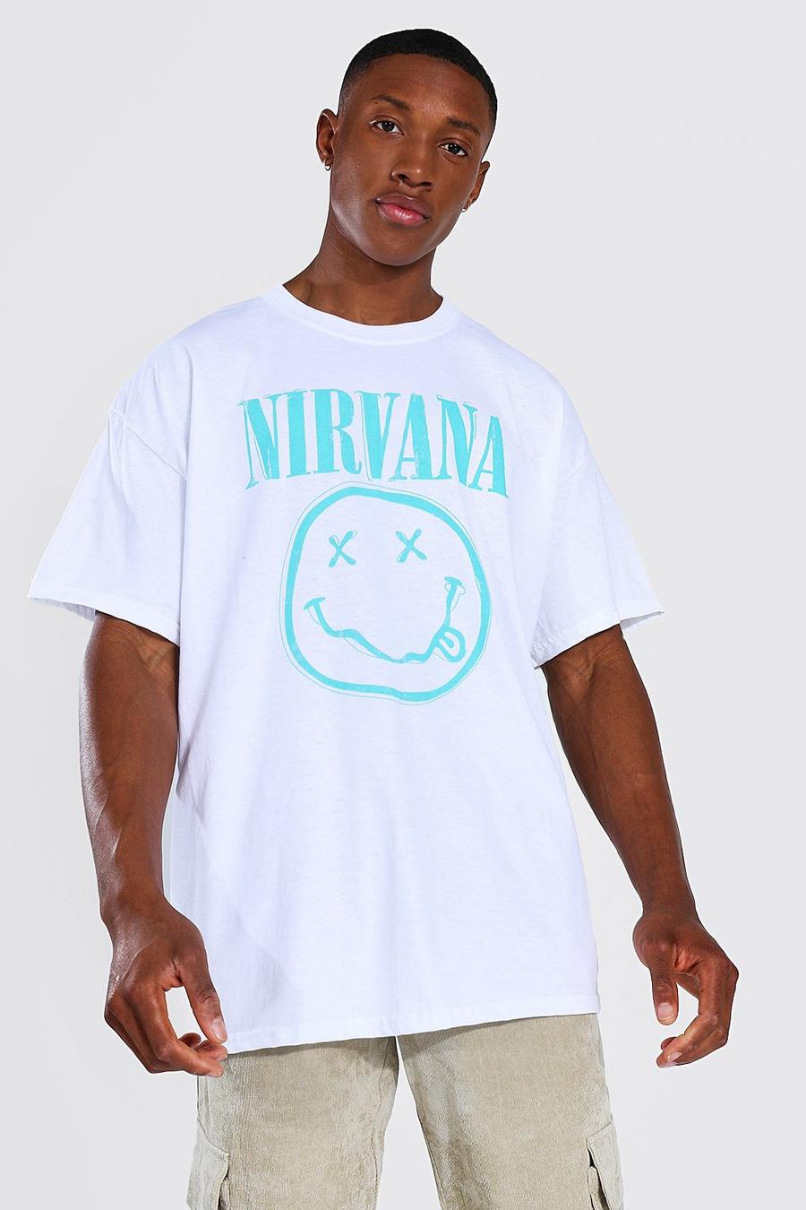 לבן טישרט אוברסייז ממותג עם הדפס סמיילי של Nirvana image number 1