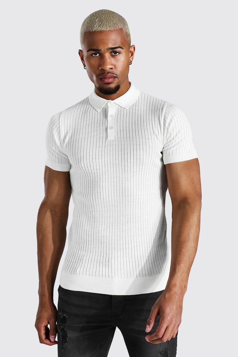 Ivory Short Sleeve Muscle Fit Ribbed Knit Polo image number 1