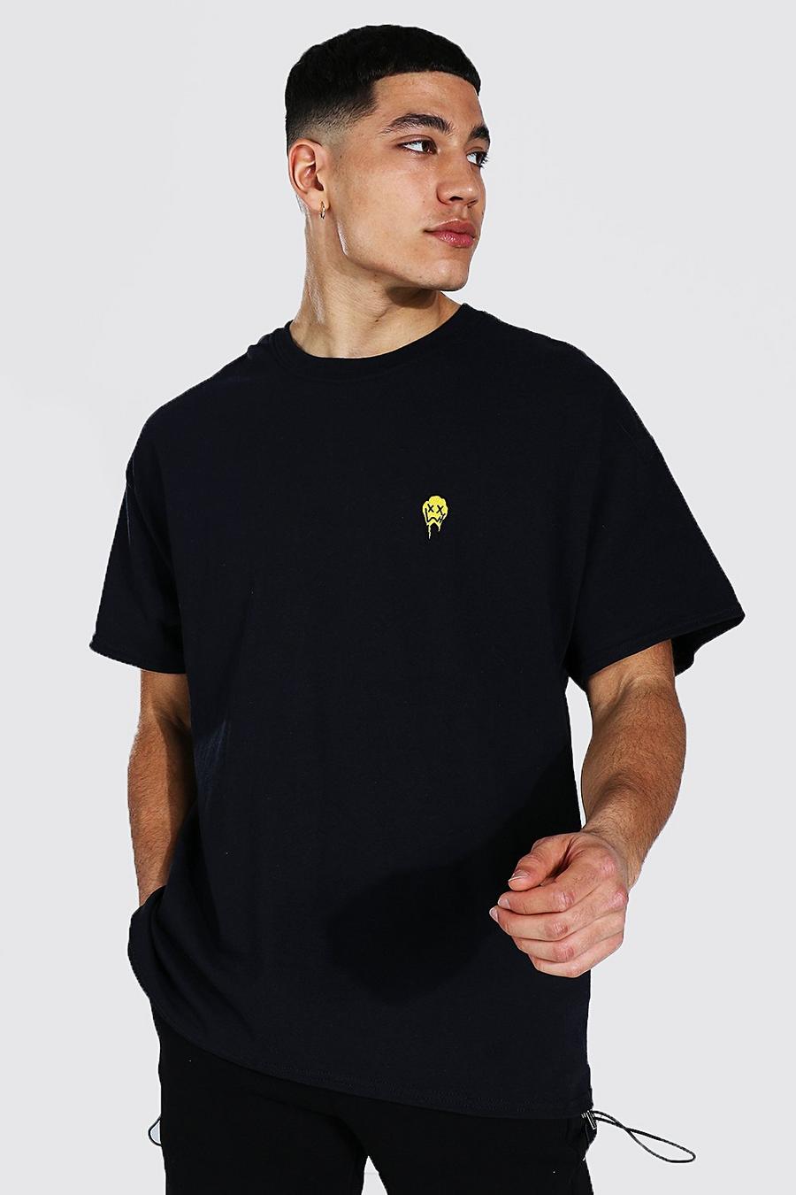 Black Oversized Geborduurd Druipende Smiley T-Shirt image number 1