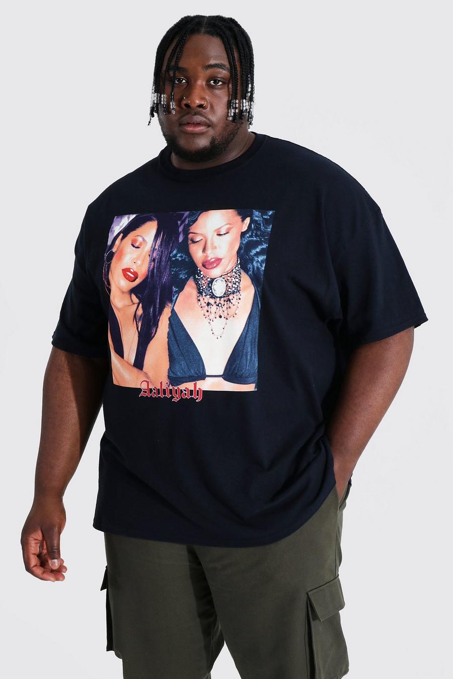 שחור טישרט ממותג עם הדפס Aaliyah ופאנלים, מידות גדולות image number 1