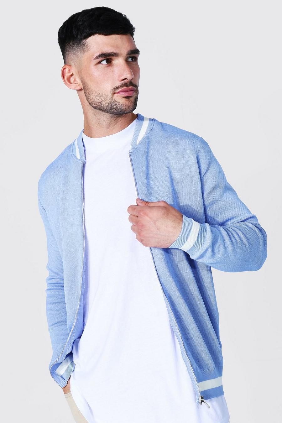Blue Smart Striped Rib Knitted Bomber image number 1