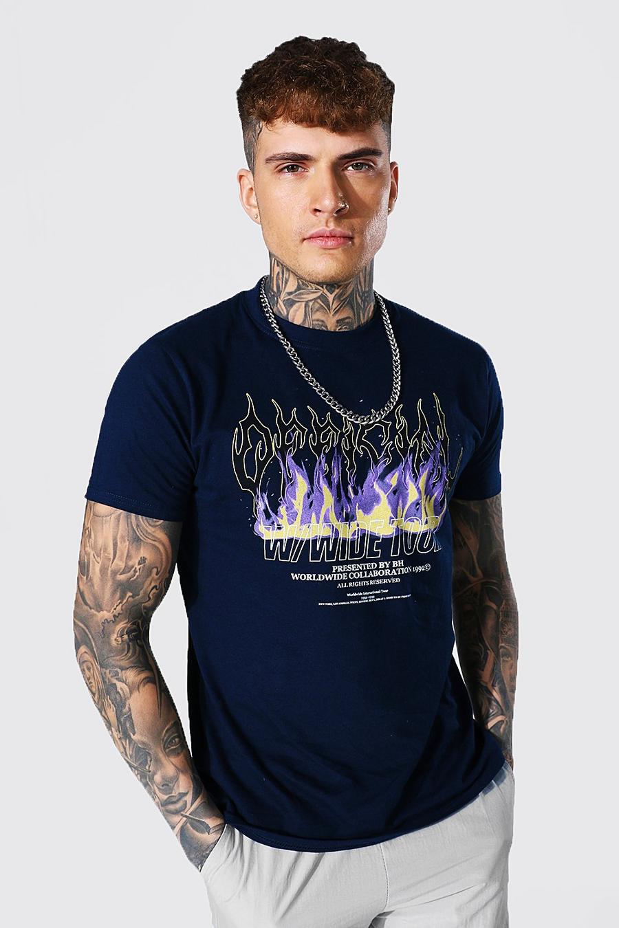 T-Shirt mit Tauben- und Flammenmuster, Marineblau image number 1