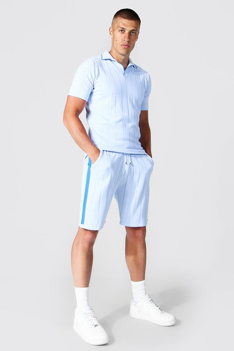 Pale blue Pinstripe Polo And Knitted Short Set image number 1