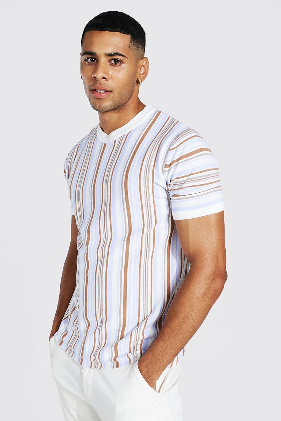 Pale blue Multi Stripe Knitted T-Shirt image number 1
