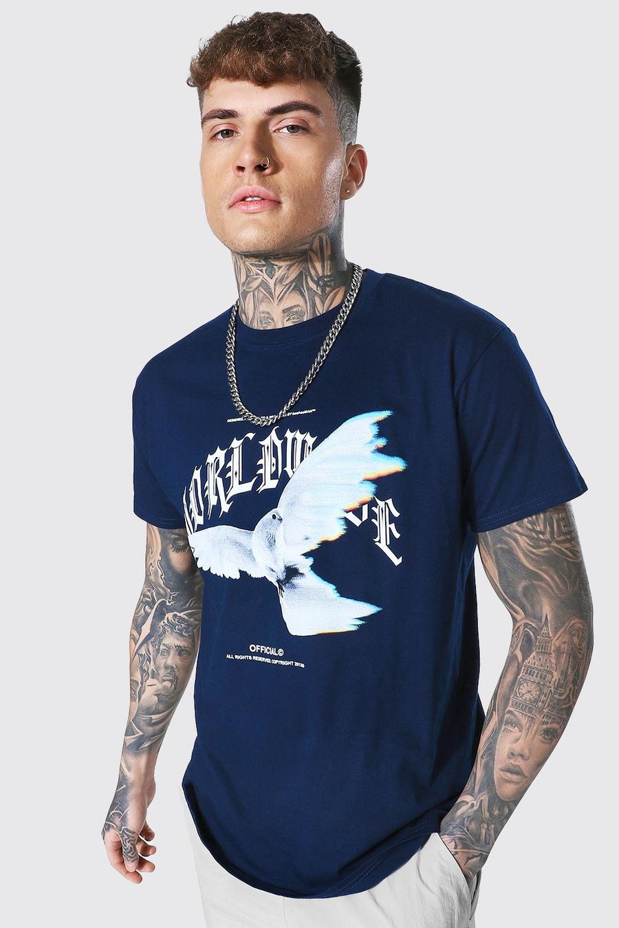 T-shirt taglio rilassato con stampa di tortora e scritta Worldwide, Blu oltremare image number 1