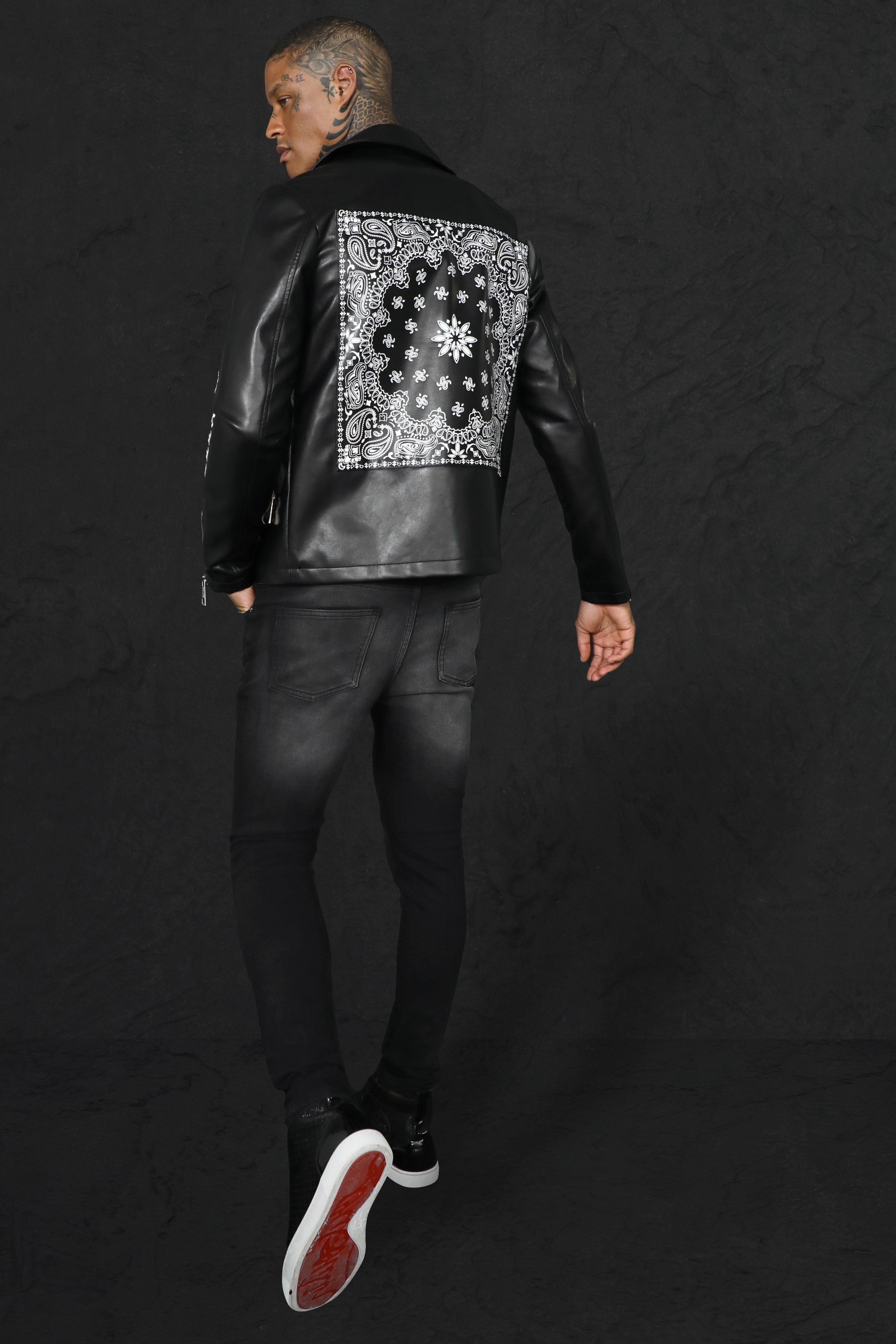 Solid faux leather biker jacket with back print