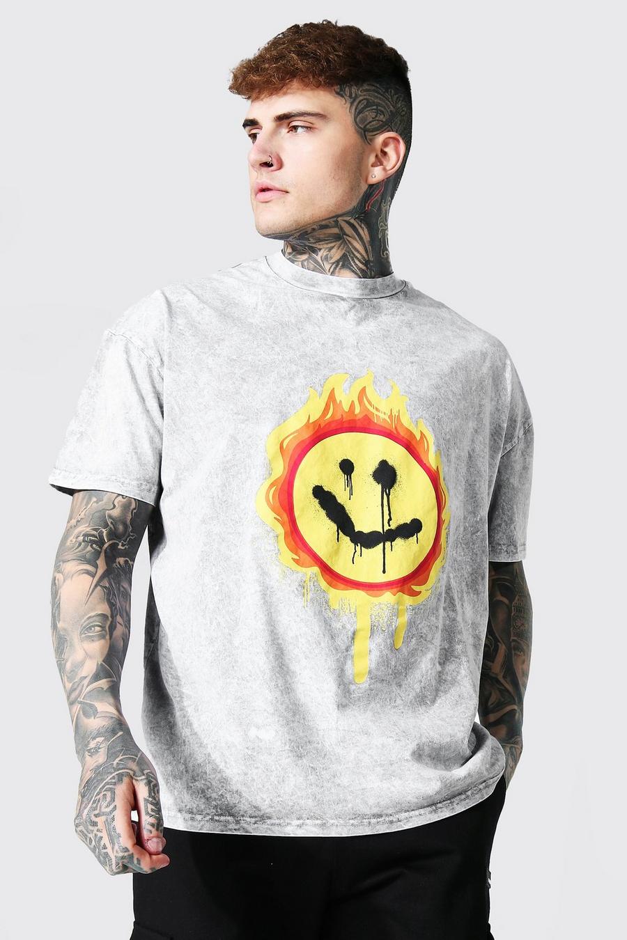 Light grey Oversized Flame Face Acid Wash T-Shirt image number 1