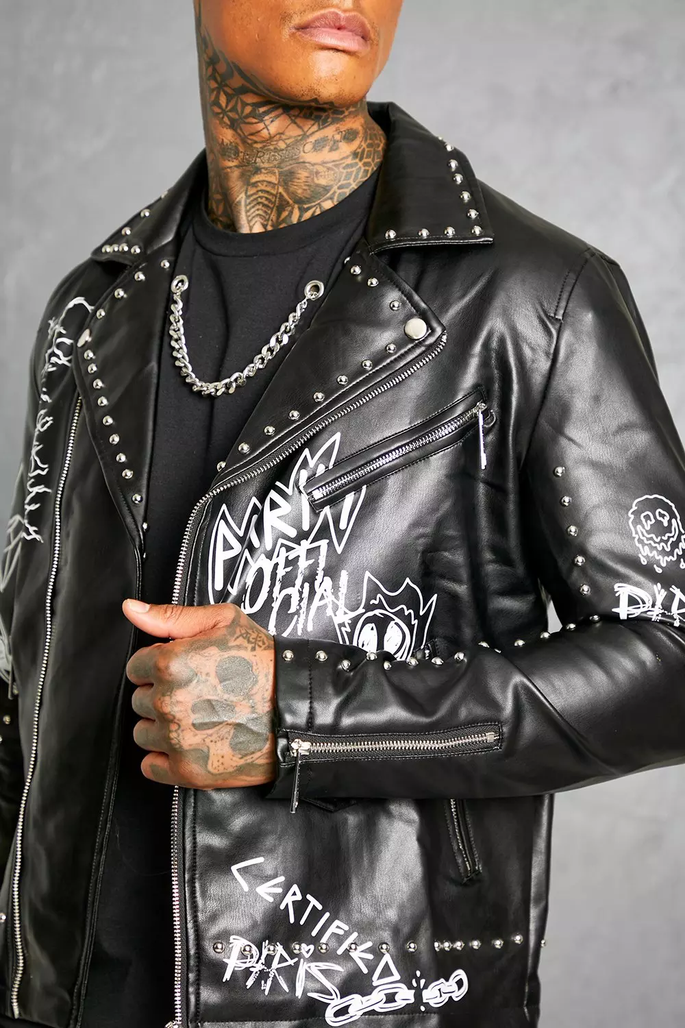 Studded Biker Jacket And Printed Leather For Men