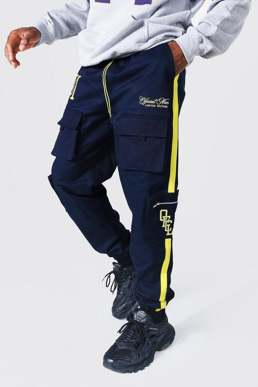Pantalones cargo Ofcl estilo universitario con franja lateral, Navy image number 1