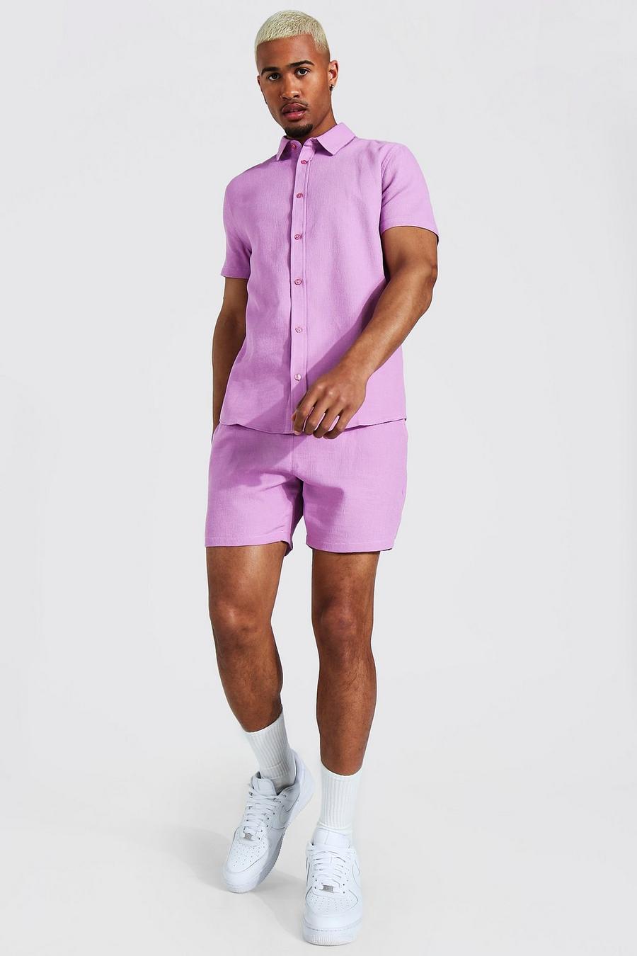 Purple Wafel Gebreid Overhemd Met Korte Mouwen En Shorts image number 1