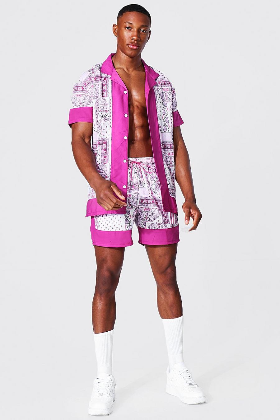 Kurzärmliges Viskose Hemd und Shorts mit Bandana-Print, Fushia rosa image number 1