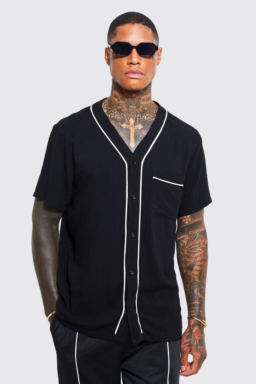 Black Short Sleeve Viscose Baseball Shirt And Short image number 1