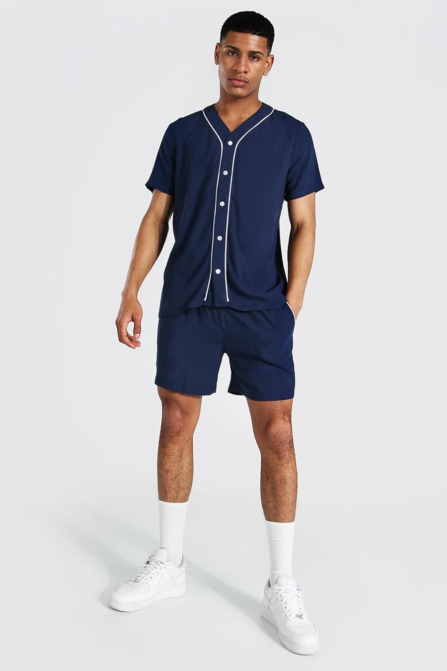 Navy Short Sleeve Viscose Baseball Shirt And Short image number 1