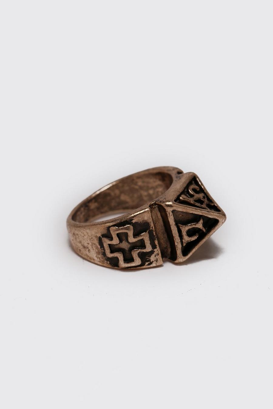 Gold Signet Ring With Cross And Lettering image number 1