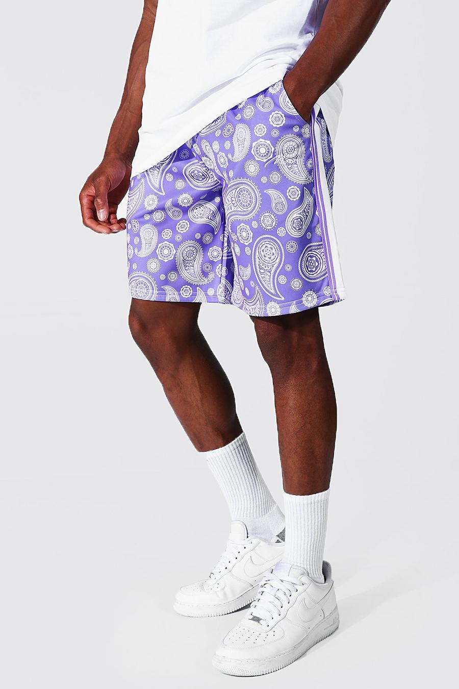 Pantaloncini larghi in tricot con striscia laterale e fantasia cashmere, Lilac image number 1