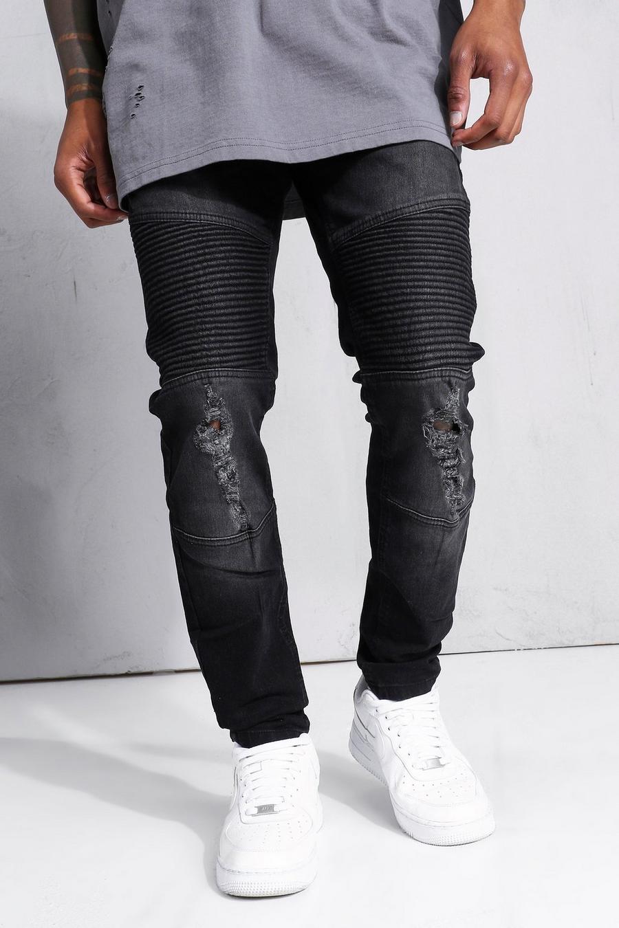 Skinny Stretch Biker-Jeans mit Reißverschluss Tasche, Washed black image number 1